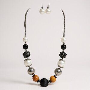 Black, white And Wood Mix Bead Burnish Link Necklace With Matching Earring Set